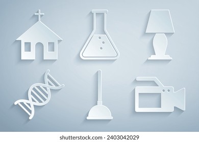 Set Rubber plunger, Table lamp, DNA symbol, Cinema camera, Test tube and flask and Church building icon. Vector