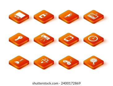 Set Rubber plunger, Washbasin, House key, Air conditioner, Gamepad, Mobile phone, Frying pan and Clock icon. Vector