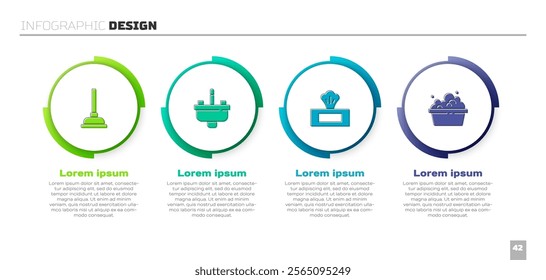 Set Rubber plunger, Washbasin with water tap, Wet wipe pack and Basin soap suds. Business infographic template. Vector