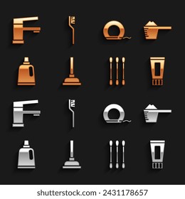 Set Rubber plunger, Washing powder, Tube of toothpaste, Cotton swab for ears, Bottle cleaning agent, Dental floss, Water tap and Toothbrush icon. Vector