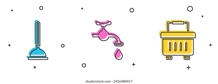Set Rubber plunger, Water tap and Toolbox icon. Vector