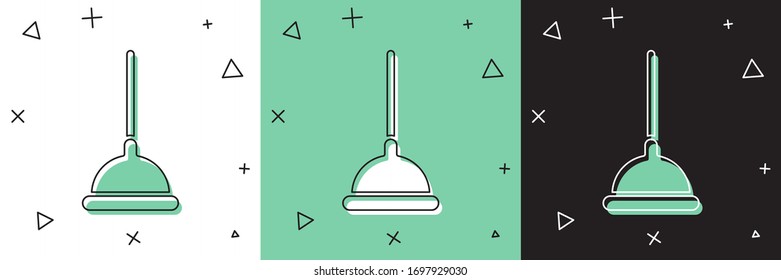 Set Rubber plunger with wooden handle for pipe cleaning icon isolated on white and green, black background. Toilet plunger.  Vector Illustration