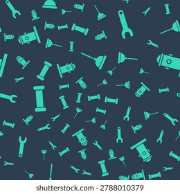 Set Rubber plunger, Wrench spanner, Industry metallic pipe and Fire hydrant on seamless pattern. Vector