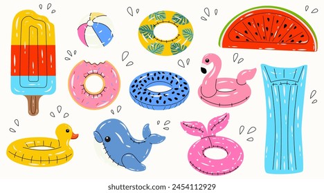 Set rubber pool colorful rings. Swim rings in flat style on white background. Swimming in pool with rubber circles, summertime water activities. Rubber toy for water and beach. Vector illustration