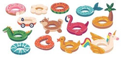 Set Of Rubber Rings Unicorn, Duck, Heart And Watermelon, Dragon, Flamingo, Palm Or Car With Donut. Swimming Inner Tubes, Colorful Rubber Summer Toys, Water Beach Lifebuoy. Cartoon Vector Illustration