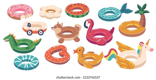 Set of Rubber Rings Unicorn, Duck, Heart and Watermelon, Dragon, Flamingo, Palm or Car with Donut. Swimming Inner Tubes, Colorful Rubber Summer Toys, Water Beach Lifebuoy. Cartoon Vector Illustration