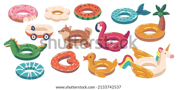 Set of Rubber Rings Unicorn, Duck, Heart and\
Watermelon, Dragon, Flamingo, Palm or Car with Donut. Swimming\
Inner Tubes, Colorful Rubber Summer Toys, Water Beach Lifebuoy.\
Cartoon Vector\
Illustration