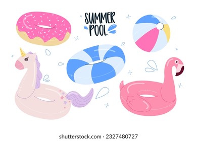 Set Rubber Rings .Various types of inflatable and outdoor pools. swimming in pool with rubber circles, summertime water activities. Children's rubber cartoon circles . Vector isolated summer elements