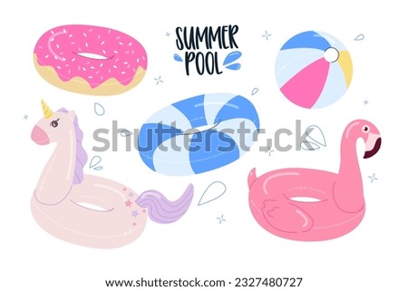Set Rubber Rings .Various types of inflatable and outdoor pools. swimming in pool with rubber circles, summertime water activities. Children's rubber cartoon circles . Vector isolated summer elements