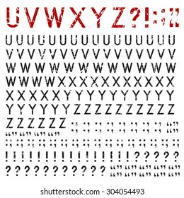 Set of rubber stamp characters (U, V, W, X, Y, Z and punctuation signs), sixteen solutions for each one, isolated on white background, vector illustration.