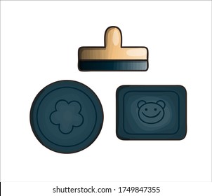 Set of rubber stamp icons. Vector colored stationery, writing materials, office or school supplies isolated on white background. Cartoon style