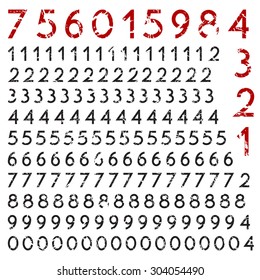 Set of rubber stamp numbers (1, 2, 3, 4, 5, 6, 7, 8, 9, 0), sixteen solutions for each one, isolated on white background, vector illustration.