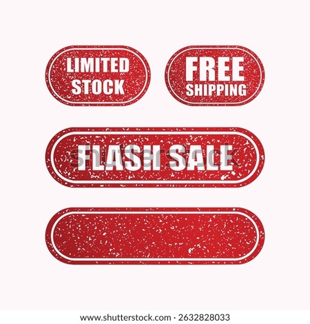 Set of Rubber Stamps Chop Texture with Rounded Rectangle Shape Frame Border. Limited Stock, Free Shipping, Flash Sale Text, Blank Shape Label.