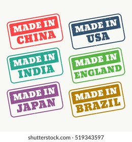set of rubber stamps for made in china, usa, india, japan, england and brazil