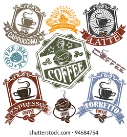 Set of rubber stamps with the name of coffee drinks and cups. Vector