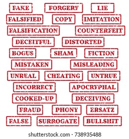 A set of rubber stamps on a theme: false, fake, imitation, fiction, bogus, fraud, bullshit, etc. 28 vector illustration.