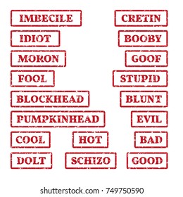 A set of rubber stamps on a themes: moron, imbecile, cretin, idiot, fool, stupid, blockhead etc. 18 vector illustration.