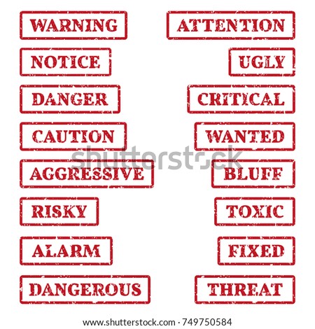 A set of rubber stamps on a themes: caution, warning, attention, danger, notice, alarm, risky etc. 16 vector illustration.