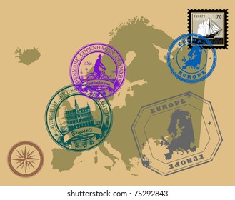 Set of rubber stamps of theme Europe, vector illustration