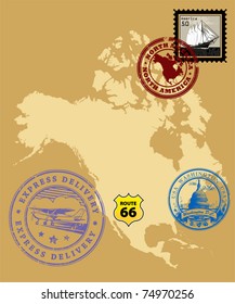 Set of rubber stamps of theme North America, vector illustration