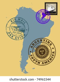 Conjunto de sellos de caucho del tema Sudamérica, ilustración vectorial