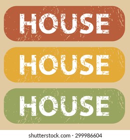 Set of rubber stamps with word HOUSE on colored background