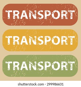 Set of rubber stamps with word TRANSPORT on colored background