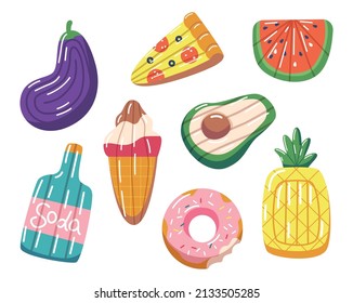 Colchonetas de baño de caucho, Donut rosado, berenjenas, pizza o aguacate, botella, helado y sandía o piña. Equipamiento flotante de verano para la piscina o el mar. Ilustración del vector de dibujos animados