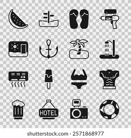 Set Rubber swimming ring, Bodybuilder muscle, Beach shower, Flip flops, Anchor, Travel postcard, Watermelon and Tropical palm tree icon. Vector