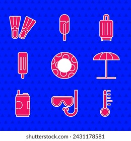 Set Rubber swimming ring, Diving mask and snorkel, Meteorology thermometer, Sun protective umbrella for beach, Soda can, Ice cream, Suitcase and flippers icon. Vector