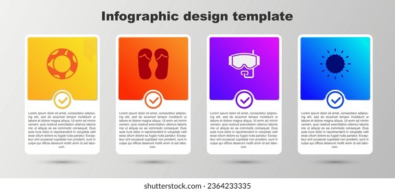 Fijar anillo de natación de caucho, Flip flops, máscara de buceo y Sun. Plantilla infográfica de negocio. Vector