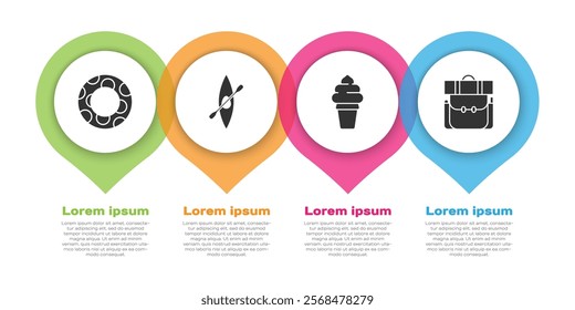 Set Rubber swimming ring, Kayak or canoe and paddle, Ice cream in waffle cone and Hiking backpack. Business infographic template. Vector