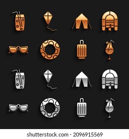 Set Rubber swimming ring, Rafting boat, Cocktail and alcohol drink, Suitcase, Glasses, Tourist tent,  and Kite icon. Vector