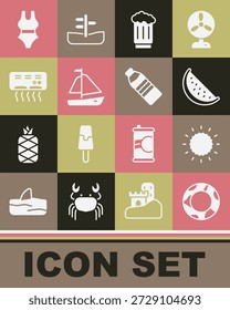 Anillo de natación de goma, sol, sandía, taza de cerveza de madera, velero de yate, aire acondicionado, traje de baño y botella de agua icono. Vector