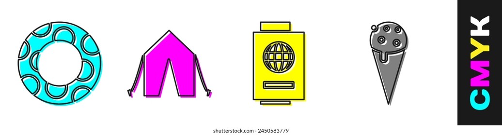 Set Rubber swimming ring, Tourist tent, Passport with ticket and Ice cream in waffle cone icon. Vector