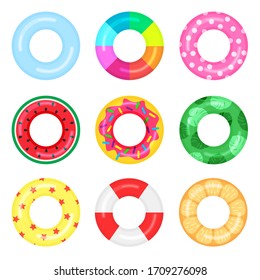 Set of rubber swimming rings with watermelon, cake, orange, stars pattern on it. Life saving floating lifebuoy for beach or ship. Water and beach colorful rubber toys.