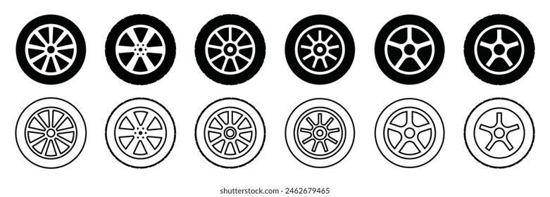 Set of rubber wheel tire icon. Black wheel tires silhouette collection. Vector Illustration.