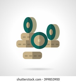 Set rubber wheels. Store of spare parts for transport. Flat style vector icon