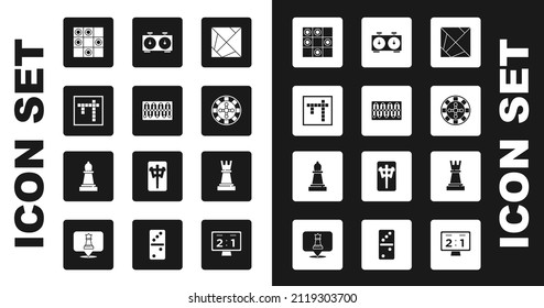 Set Rubik cube, Board game, Bingo, of checkers, Casino roulette wheel, Time chess clock, Chess and  icon. Vector