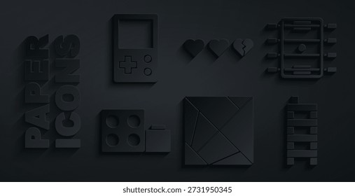 Definir cubo Rubik, mesa de hóquei, tijolos de bloco de construção de brinquedo, peças Mahjong, Copas para jogo e ícone Tetris. Vetor