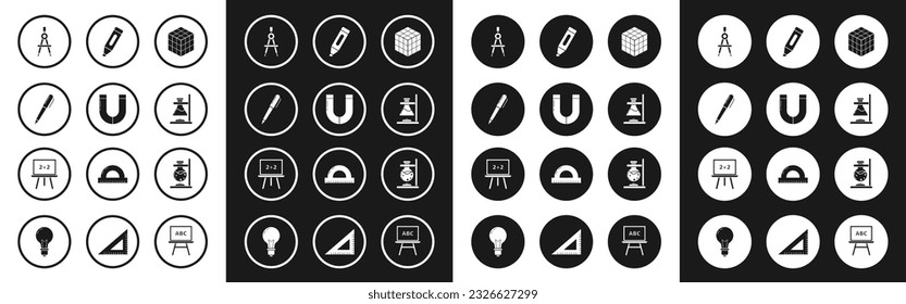 Set Rubik cube, Magnet, Pen, Drawing compass, Glass test tube flask on fire, Marker pen,  and Chalkboard icon. Vector