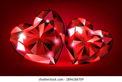 Set Rubin in the shape of a heart. Red gemstone, decor for Valentine's Day, International Women's Day. Red background. 3d realistic vector illustration.