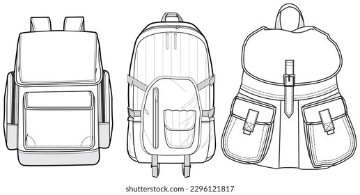 Set Rucksack Rucksack-Rucksack flach skizzenhafte Modegrafik Vorlage mockup, Wanderrucksack-Zeichnung.