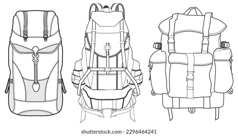 Juego de mochila mochila mochila de la mochila de la ilustración de la moda, dibujo de la mochila de la mochila de excursión, dibujo de la mochila de la mochila de senderismo.