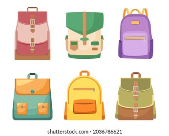 Set of Rucksacks, Backpacks and Schoolbags for Kids. Modern Student School Bags of Bright Colors, Knapsacks with Slings, Belts and Pocket Isolated on White Background. Cartoon Vector Illustration Icon