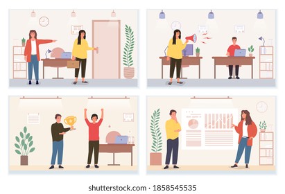 Set of rude and pleasant attitude in business team illustrations. Concept of behavioural comparison of being rude and disrespectful versus being nice towards colleagues at work. Flat illustration