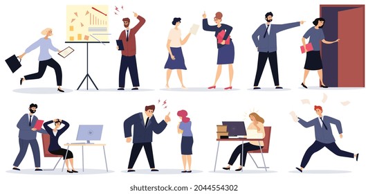 Set with rudeness scenes in business team workplace on white background. Concept of bad job, adverse atmosphere, disrespectful attitude towards colleagues. Flat cartoon vector illustration