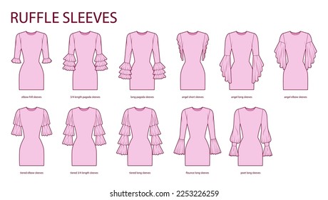 Set of Ruffle sleeves clothes frill, pagoda, tiered, flounce, angel, poet technical fashion illustration with fitted body. Flat apparel template front side. Women, men unisex CAD mockup