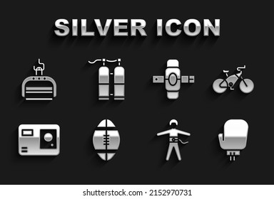 Set Rugby ball, Bicycle, Boxing glove, Bungee jumping, Action extreme camera, Knee pads, Ski lift and Aqualung icon. Vector