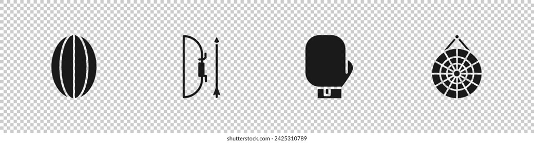 Juego de bola de rugby, arco y flecha en quiver, guante de boxeo e icono de dardo clásico. Vector